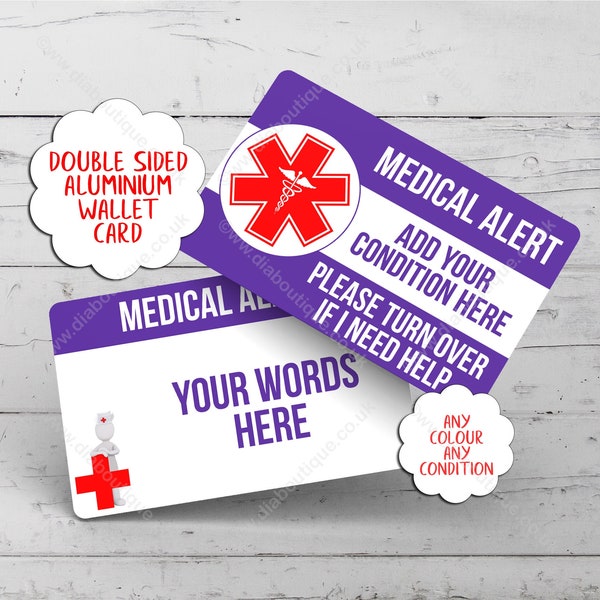 Personalised MEDICAL ALERT card for Dementia awareness, Asthma, T1 Diabetes, Ehlers Danlos, Epilepsy, custom medical ID, anaphylaxis