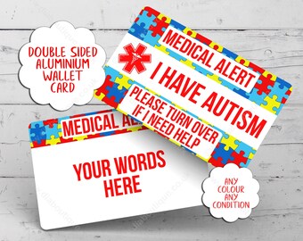 Personalised MEDICAL ALERT card for autism awareness, T1 Diabetes, Ehlers Danlos, Epilepsy awareness, POTS awareness, Dementia awareness