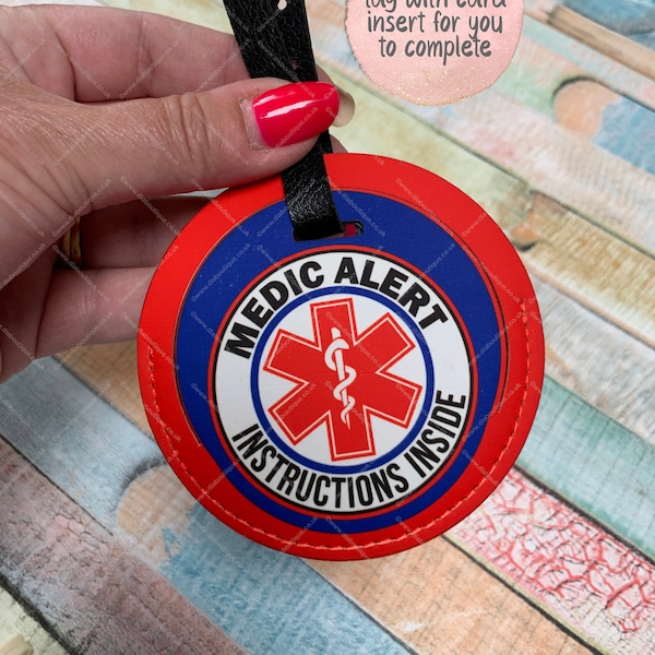 Medical alert tag, emergency ID luggage bag tag, faux leather with paper insert for you to complete with your info