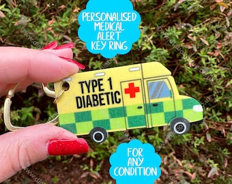 Personalised MEDICAL EQUIPMENT ambulance keyring, medical alert keychain, luggage tag, medical alert tag, T1 diabetic or any condition