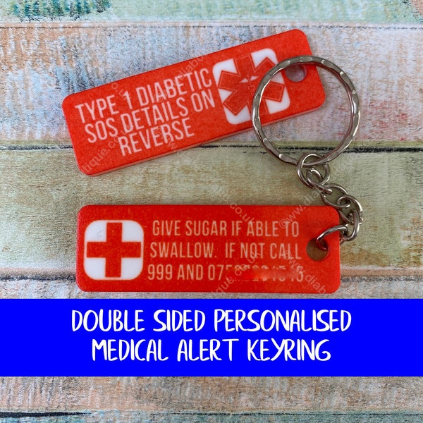 Personalised MEDICAL EQUIPMENT keyring, medical alert keychain, luggage tag, medical alert tag, T1 diabetic or any medical condition