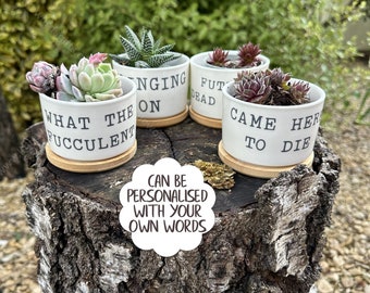 Personalised funny succulent plant pot, flower pot, gift for gardener with over 30 options - or can be personalised. A great gardening gift!