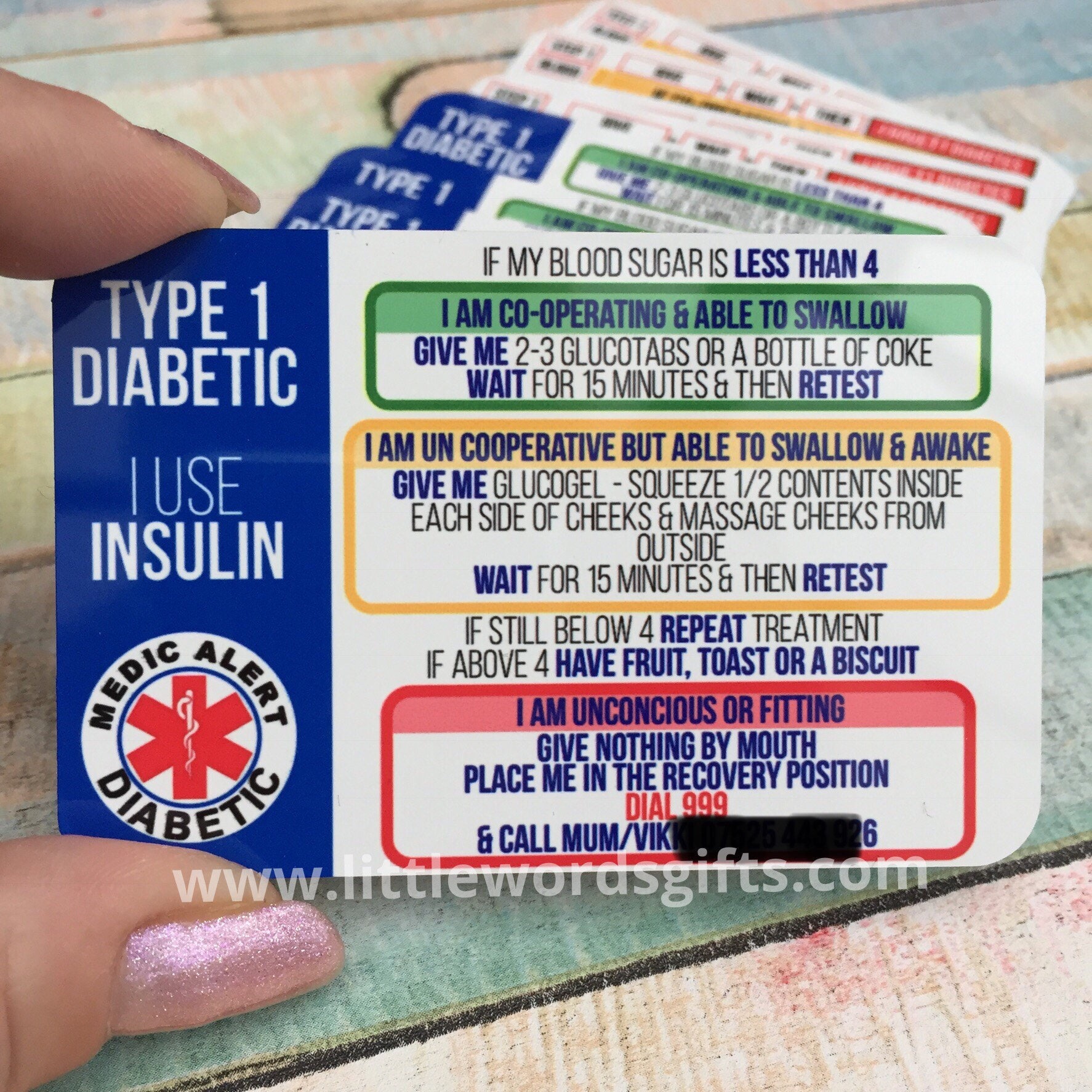 Personalised Type 1 DIABETIC EMERGENCY Hypo Medical Alert ID Etsy