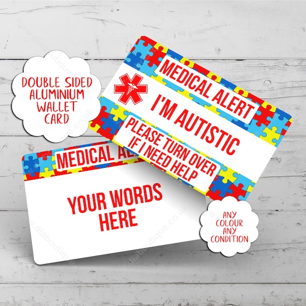 Personalised I Have ADHD or Autism alert card.  MEDICAL ALERT card for autism awareness