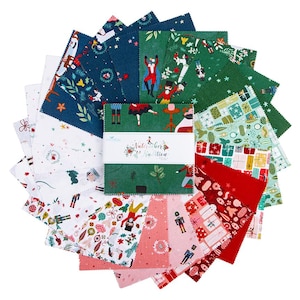 May include: A collection of Christmas-themed fabric squares in various colors, including red, green, and white. The fabric features festive patterns such as nutcrackers, gifts, and ballet dancers. The center of the collection is wrapped with a label that reads "Nutcracker Tradition".