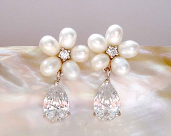 Pearl CZ Daisy Drop Earrings, Bridal Earrings, Wedding Jewellery