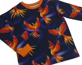 Organic Firebird tshirt, 3 to 4byears, Childrens mythical tshirt,  Phoenix bird t-shirt, Handmade kids tshirts, Organic kids clothes