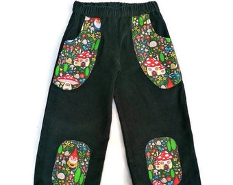 Gnomes and mushroom corduroy baby and kids trousers, Patch pocket funky kids clothes, Handmade in the UK