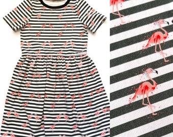 Flamingo stripe dress, Tropical theme summer dress, Unisex baby clothes, Handmade kids dresses, Black and white stripe, Monochrome dress