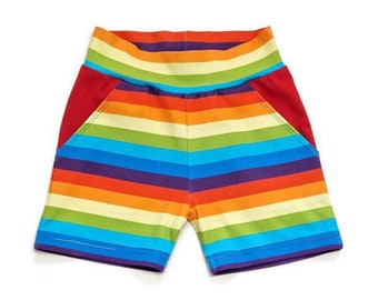 Baby and kids rainbow stripe shorts, Organic cotton shorts, Unisex baby clothes, Pocket shorts, Baby bummies, Colourful, Handmade in the UK