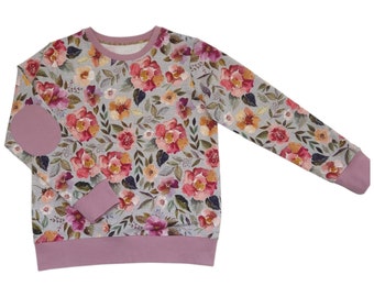 Organic floral kids sweatshirt, 8 to 9 years, Elbow patches, Pastel kids sweater, Floral jumper, Handmade kids clothes, Flower print top