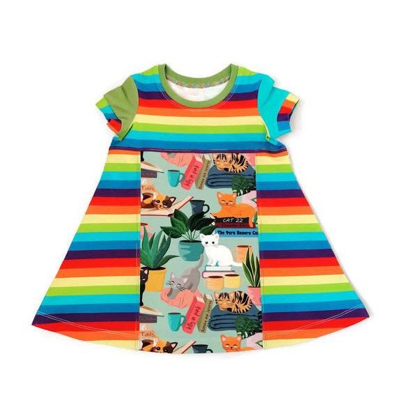 Organic cotton cat dress, Kids cat gifts, Cat lovers, Colour blocked dress, Rainbow dress, Unisex baby clothes, Cat print clothing