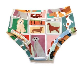 Sous-vêtements bio pour enfants, pantalons à imprimé chien, sous-vêtements unisexes pour tout-petits, culottes colorées pour enfants, slips, chien de compagnie, fait main au Royaume-Uni, amoureux des chiens