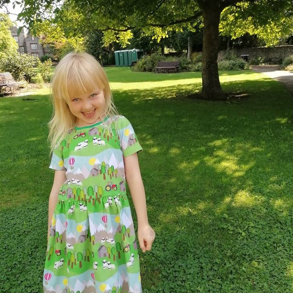 Playdress de ferme de moutons en coton biologique, manches courtes ou longues, robe imprimée Farming, moutons laineux, vêtements pour enfants unisexes, jolie robe de bébé