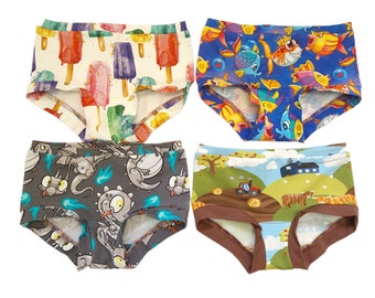 5 to 6 years Organic Underwear set, 4 pairs of mixed printed pants, In stock kids undies, Organic kids knickers, Handmade in UK, In stock