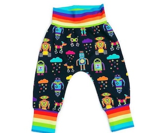 Organic baby harems, Robots and Rainbows, Unisex baby clothes, Handmade in the UK, Cloth bum leggings, Organic baby joggers