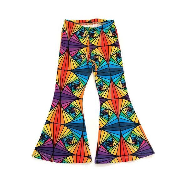 Organic retro kids flares, 70s style Psychedelic print bell bottoms for babies and kids up to 14 years. Kaleidoscope flares, Handmade kids