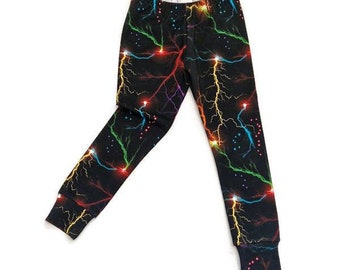 Leggings con fulmini, leggings organici per neonati e bambini, vestiti per bambini unisex, cielo elettrico, atmosfera, piccolo meteorologo, legging tempesta