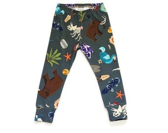 Uralte Tier Leggings, Bio Baby und Kinder Leggings, Fossiler Druck, Uralte Steine, Dodos, Mammuts, Unisex, Kleine Archäologe