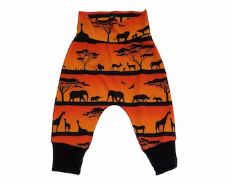 Organic baby harems, Safari Sunset, Safari animals harems, Unisex baby clothes, Organic baggy pants, Slouchy baby trousers, Handmade UK