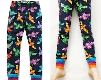 Organic cotton leggings, Bee leggings, Baby and kids leggings, Unisex children's clothes, Entomology gift, Save the bees, Rainbows