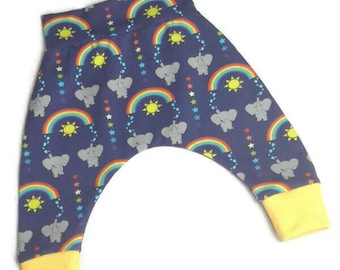 Organic rainbow baby harems, 3 to 6 months, Organic baby clothes, Rainbow leggings, New baby gift, Elephants and rainbows