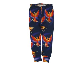 Organic Phoenix print leggings, Organic baby and kids leggings, Firebird print leggings, Handmade leggings, Made in the UK