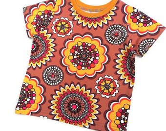 Organic retro tshirt, Unisex clothing handmade in the uk, Modern Retro kids clothes, Vintage kids shirts, 70s floral print