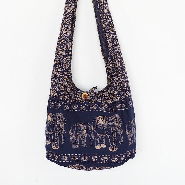 Thai Elephant Print Sling Boho Shoulder Bag CrossBody Bag Messenger Bag Cotton bag Hippie bag Gypsy bag Yoga bag Travel bag Handmade Navy