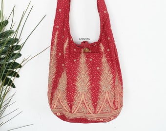 NEW Feather Print Thai Shoulder Bag CrossBody Bag Cotton Hippie bo ho bag Handmade Red