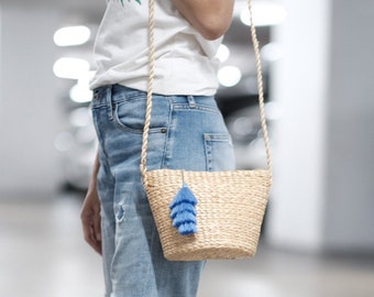 Bolso de paja Bolso de mimbre boho bolso de hombro tejido cesta natural bolso bandolera bolso de verano bolso bolso de boda bolso de boda cinta borla dama de honor regalo