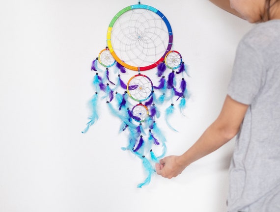 Rainbow Dream Catcher 5 circle wall hanging home decor wedding decoration ornament bead feathers nylon boho bohemian pride decor