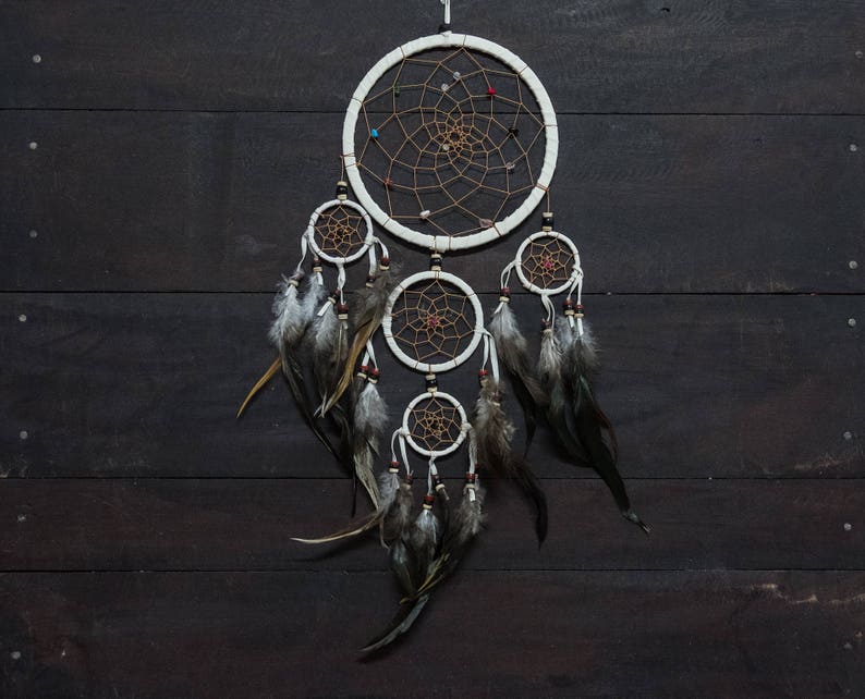 Dream Catcher White Dreamcatcher 5 Circles Wall Hanging Decor Home Decor Nursery Decor Wedding Decor Gift Bead Feathers Suede long 22 Inches image 10