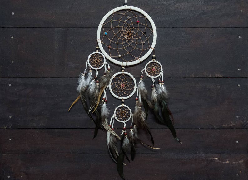 Dream Catcher White Dreamcatcher 5 Circles Wall Hanging Decor Home Decor Nursery Decor Wedding Decor Gift Bead Feathers Suede long 22 Inches image 1