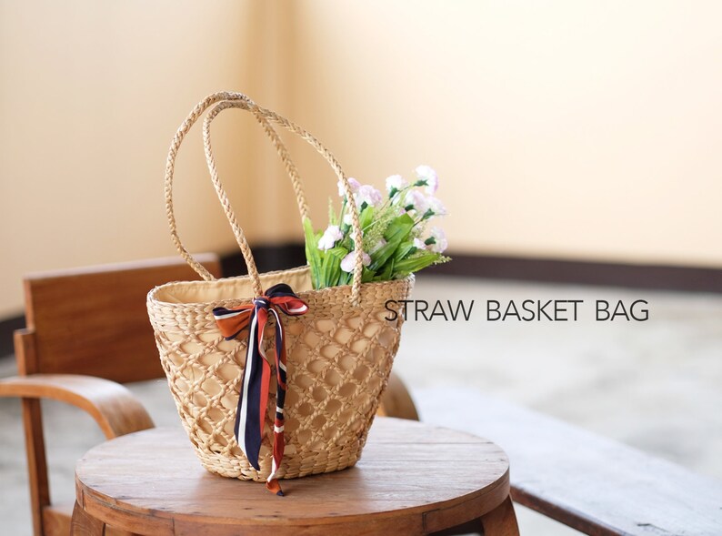 French Basket bag with drawsting closure boho shoulder bag Etsy