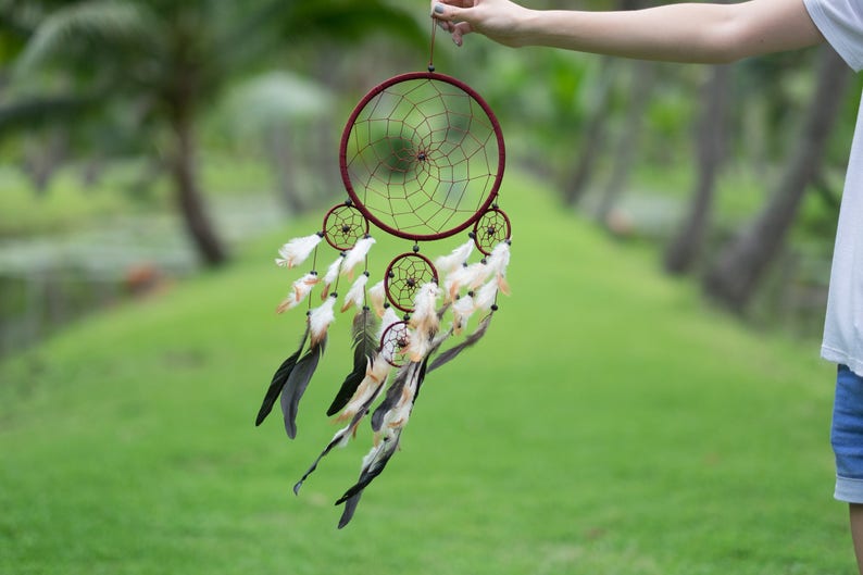 Dream Catcher Red Brown Large Dreamcatcher Wall Decor Wall Hanging Home Decor Wedding Decor Boho Decor bohemian Decor Feathers Gift for her image 1