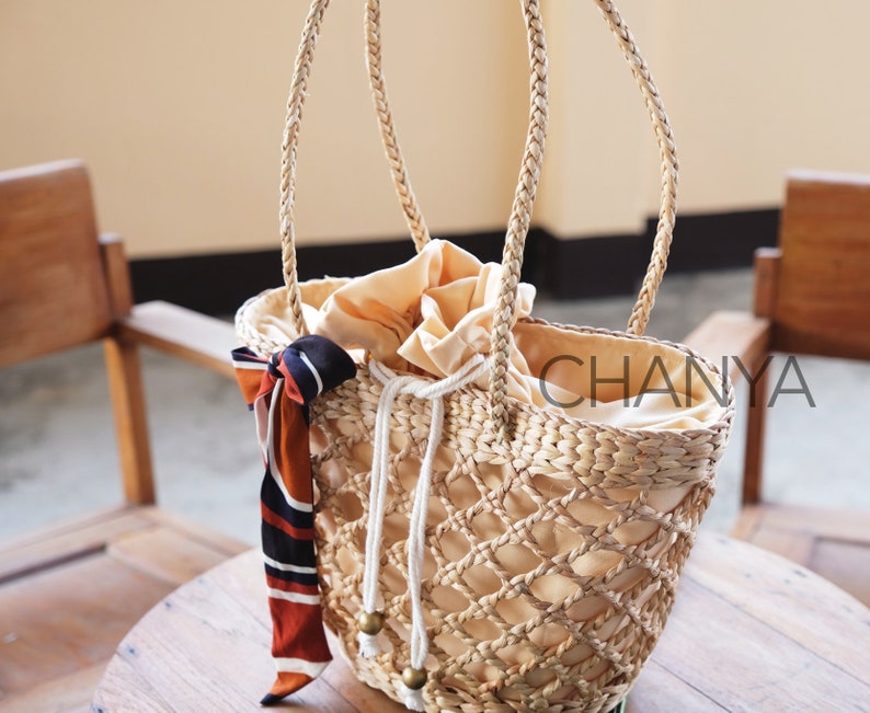 French Basket bag with drawsting closure boho shoulder bag Etsy