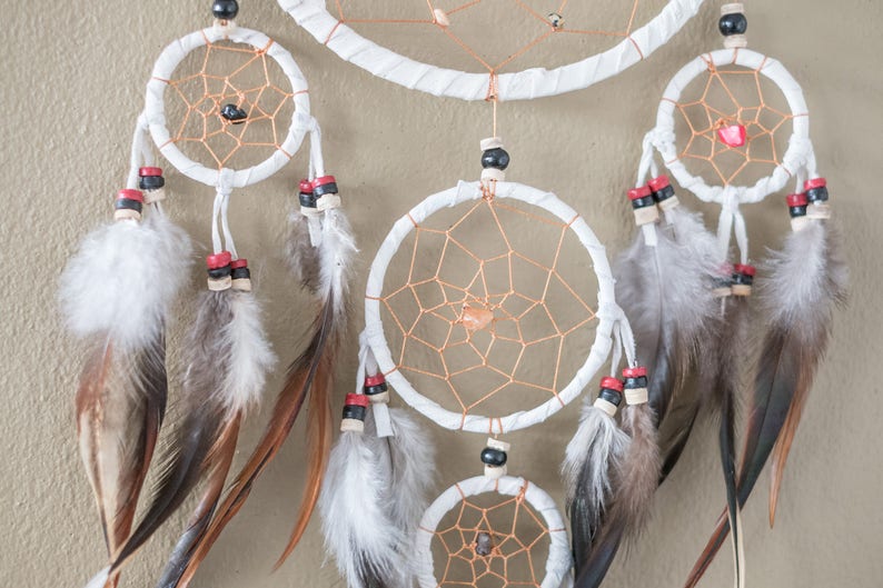 Dream Catcher White Dreamcatcher 5 Circles Wall Hanging Decor Home Decor Nursery Decor Wedding Decor Gift Bead Feathers Suede long 22 Inches image 5