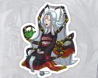 Knitting and Green Tea Drinking Spider Japanese Yokai Jorōgumo MONSTER GIRLS Series I Die-Cut Vinyl Sticker