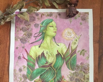 Original Watercolor Painting The Rose Unseelie Dark Elf Odd Fae Card Game Fantasy Fairy Art with Leaf Bodice Corset and Black Roses