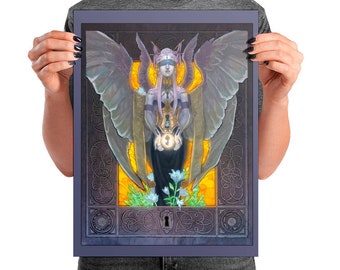 ART POSTER PRINT Keeper of Secrets Winged Purple Gold Dark Angel with Corset, Lock and Key, Scrolls, and Flowers Art Nouveau Fantasy Art