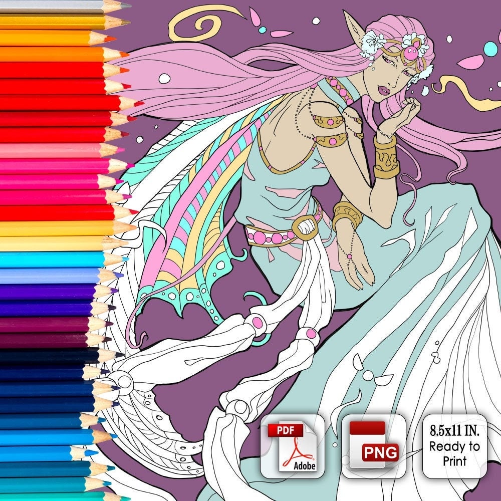 Printable Coloring Book Page for Adults - Fantasy Art Nouveau Fairy Elf Queen Titania with Wings and Gown Line Art