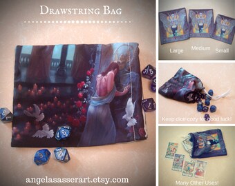 Drawstring Dice Tarot Oracle Deck Bag Pouch with Kushiel's Legacy Inspired Phedre at the Temple of Archangel Kushiel