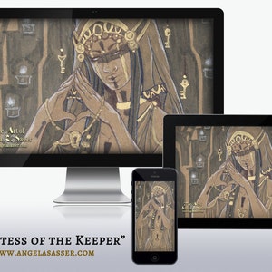 Priestess of the Keeper Woman with Keys Tarot Inspired Dark Fantasy Art Wallpapers for Desktop, Phone, and Tablet