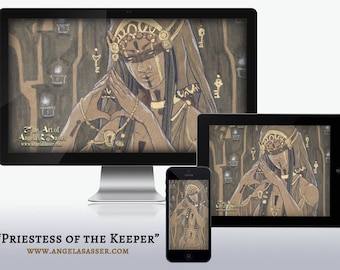 Priestess of the Keeper Woman with Keys Tarot Inspired Dark Fantasy Art Wallpapers for Desktop, Phone, and Tablet