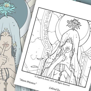 Printable Coloring Book Page for Adults High Priestess Moon Goddess with Cereus Flower Blossom and Key Fantasy Art Nouveau Style Line Art image 2
