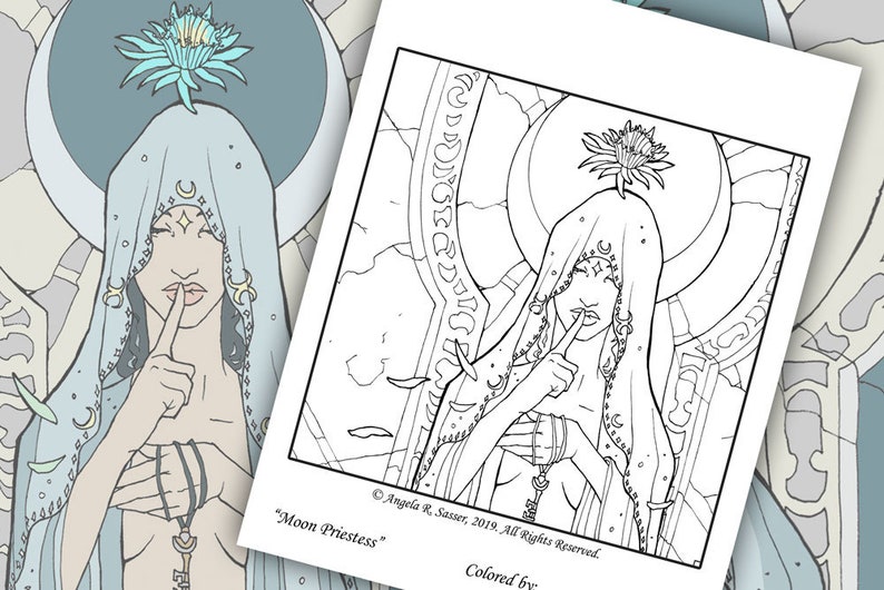 Printable Coloring Book Page for Adults High Priestess Moon Goddess with Cereus Flower Blossom and Key Fantasy Art Nouveau Style Line Art image 2