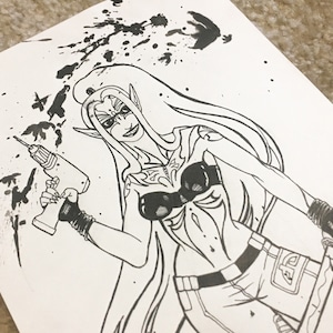 May include: Black and white illustration of a female character with long hair, wearing a black top and pants, holding a drill and a sword. The background is splattered with black ink.