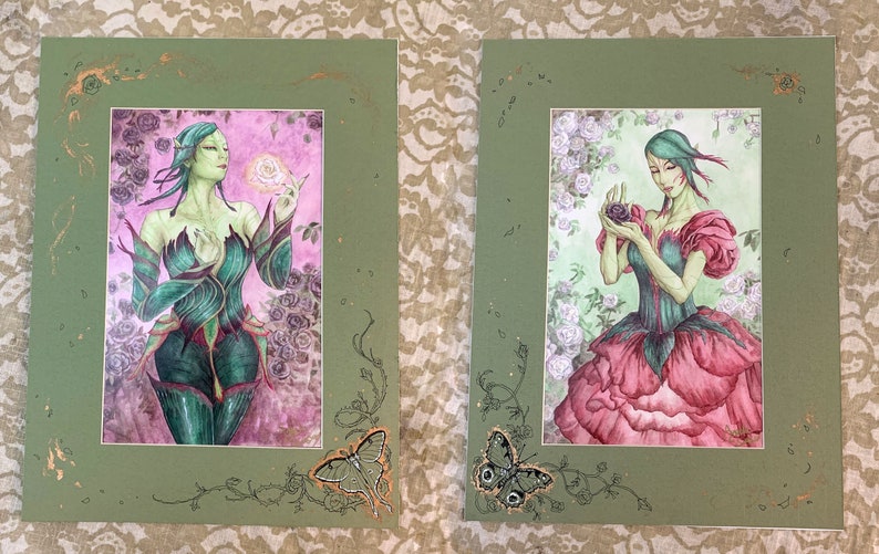 Embellished Mat Rose Fae Seelie and Unseelie Set Fairy Fantasy Floral Art Prints image 1