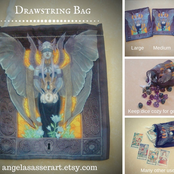 Drawstring Dice Tarot Oracle Deck Bag Pouch with Art Nouveau Purple and Gold Blindfolded Angel Wearing Corset with Stained Glass